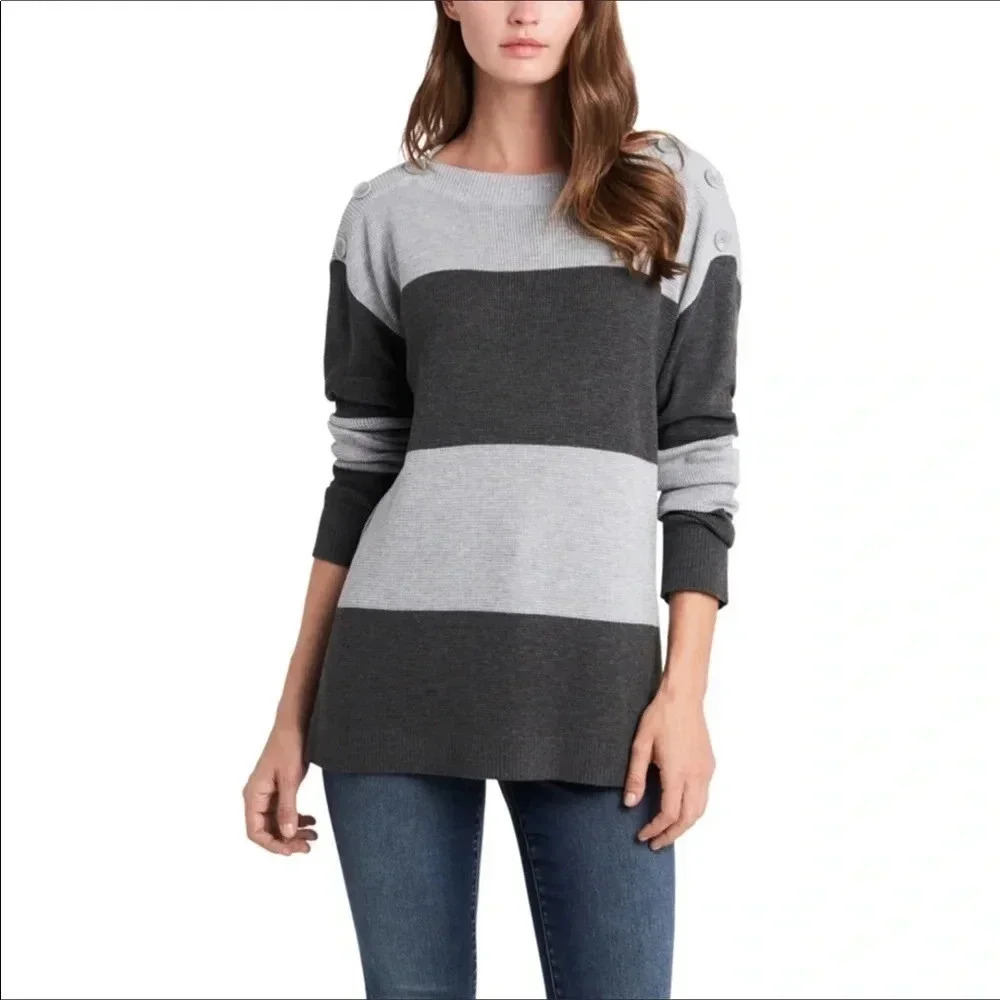 Vince Camuto Stripe Ribbed Knit Button Shoulder Sweater Plus Size 2X Grey v6x